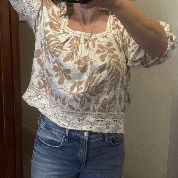 Christian Siriano Linen Blend Floral Square Neck Crochet Blouse Top Shirt Sz L - Picture 5 of 10